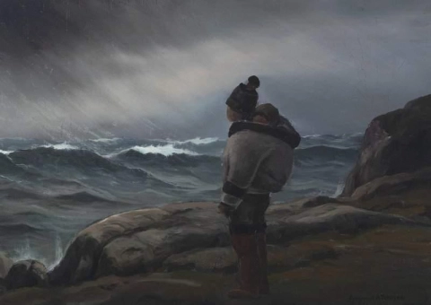 Scape costiero con donna e bambino Inuit