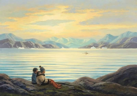 Пейзаж гренландских фьордов с семьей инуитов