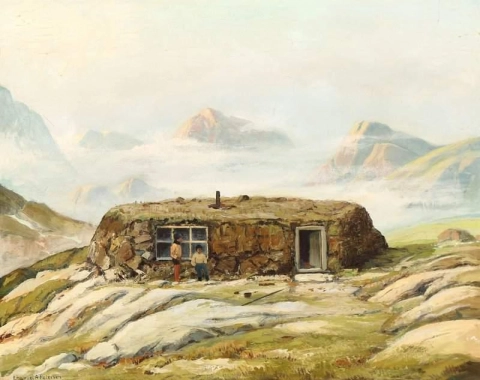 Grønlandsk landskap med mennesker foran et hus