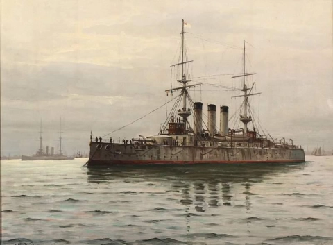 Hafenblick mit Kriegsschiffen 1920