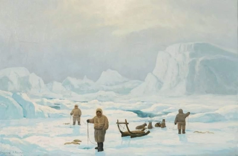 Инуитский пейзаж с рыбаками, ловящими рыбу на льду