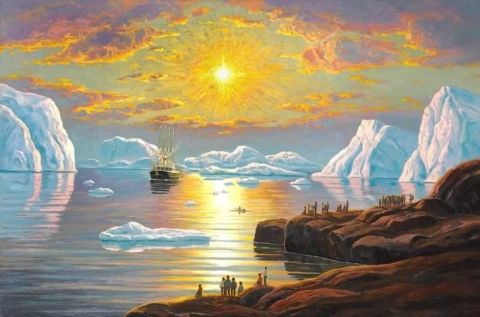 グリーンランドのフィヨルドの真夏の太陽