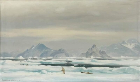 Näkymä Grönlannista metsästäjän kanssa jäällä