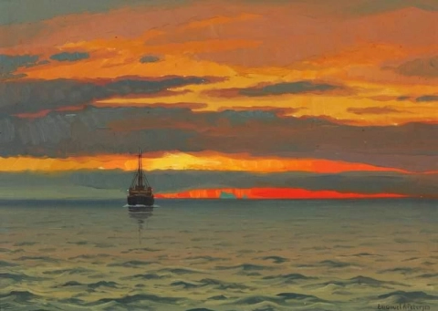 Näkymä Grönlannista laivan kanssa, joka purjehtii rauhallisella merellä auringonlaskun aikaan