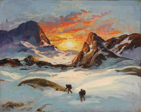 Näkymä Grönlannista keskiyön auringon kanssa vuorten yli