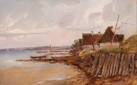 Rannikkomaisema maalaistaloineen rantaviivaa pitkin 1874