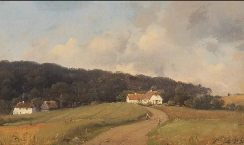 Landskap med personer på grusväg antagligen från Kerteminde 1855