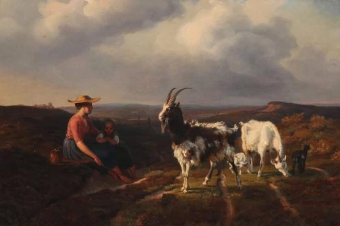 Moorin maisema, jossa äiti ja lapsi hoitavat vuohia 1847