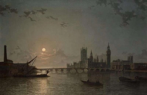 Лунный вид на здание парламента с Темзы