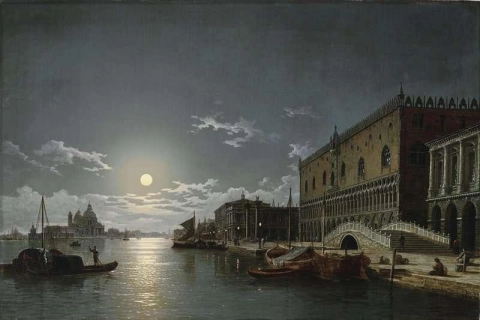 Een zicht op de Bacino di San Marco met het Dogenpaleis en de kerk van Santa Maria Della Salute in de verte bij maanlicht