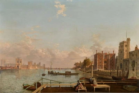 London En vy över Themsen med det nya palatset i Westminster under konstruktion - dag