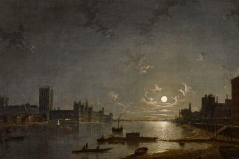 Лондон, вид на Темзу со строящимся новым Вестминстерским дворцом - ночь