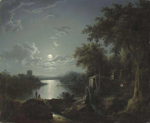 Pesca al chiaro di luna sulla riva del fiume