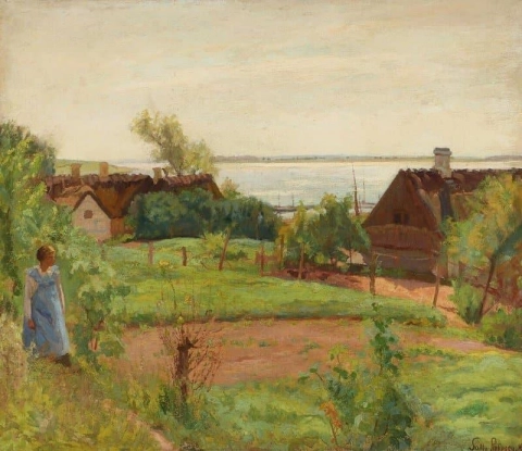 En kvinna i en trädgård som ser en kust 1916