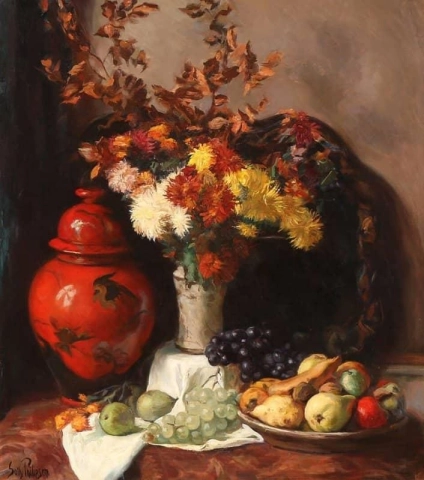 Натюрморт с цветами Боян и тарелкой фруктов