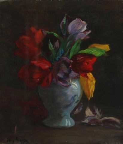 Stilleben Med Tulipaner I En Blå Vase