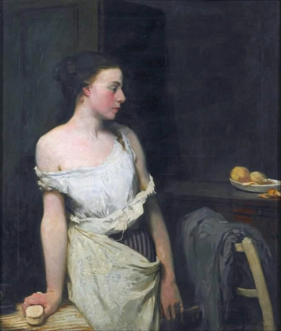 Menina em seu banheiro, por volta de 1910