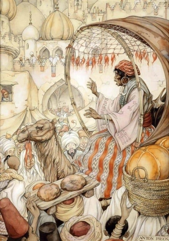 Från 1001 Arabian Nights Berättelsen om Kanmakans återkomst i Bagdad ca 1975