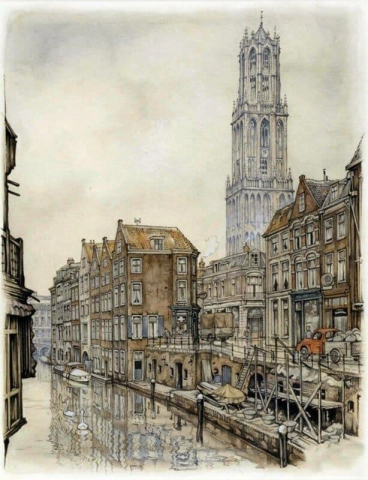 Utrecht Oude Gracht Met Domtoren Kalenderillustration 1962