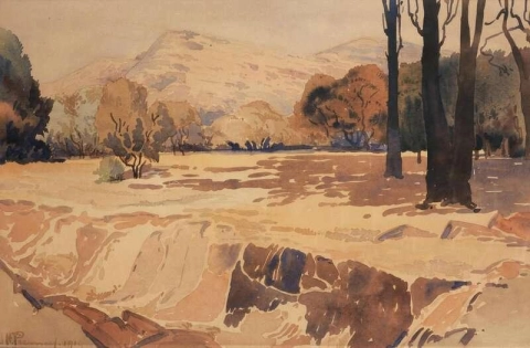 Ein ausgetrocknetes Flussbett mit Bergen dahinter, 1914