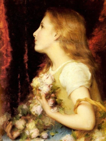 Een jong meisje met een mand met bloemen