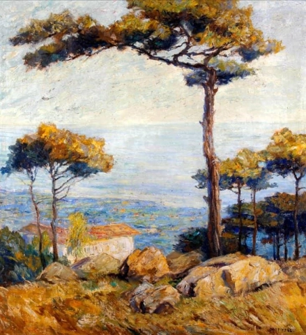 Континентальный прибрежный пейзаж со склона холма с видом на деревья и виллу
