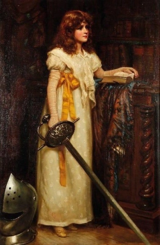 A Study Of A Young Girl Wearing A White Dress And Holding A Sword Standing Within A Library Interior 1890