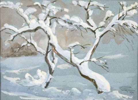 Äppelträd i snö W.udden 1941