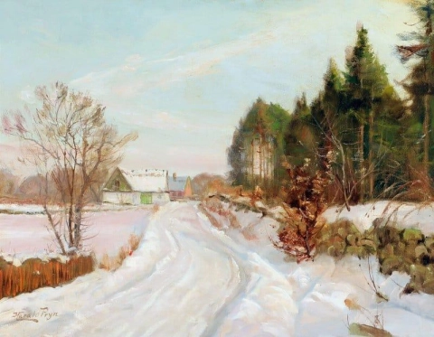 En landevei som skjærer gjennom et snødekt landskap