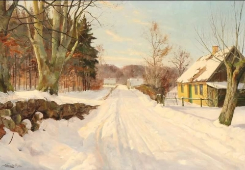 En landevei i solen på en vinterdag