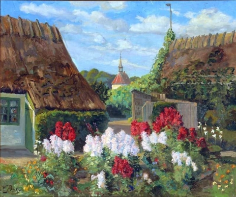 Landschaft mit strohgedeckten Häusern und Blumen