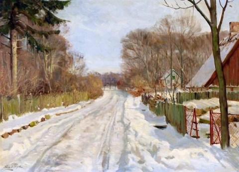 Met sneeuw bedekte dorpsweg