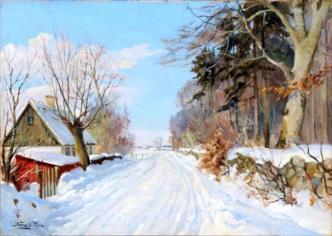 Snowy Country Road Near Gribskov Denmark