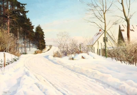 Vista de uma estrada rural na neve
