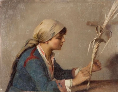 柳の枝を編む若い女の子