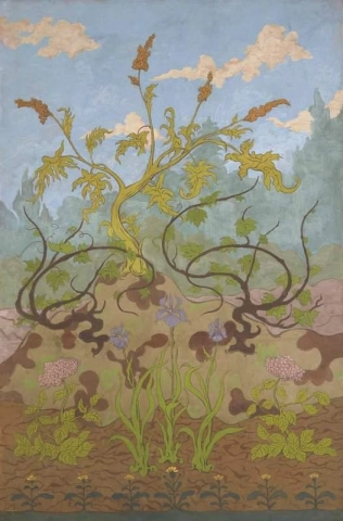 Ирис и большие желтые и фиолетовые цветы 1899 г.