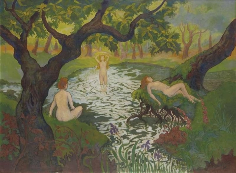 Tre badende med iris eller kvinner i badet 1896