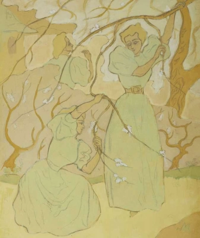 Studie van drie vrouwen onder bloeiende bomen voor de lente van 1895