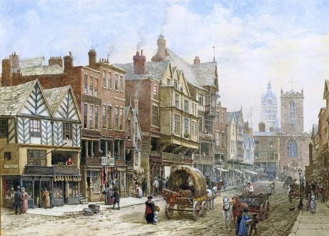Bridge Street Chester With St. Peter S Church And Chester Town Hall In The Background