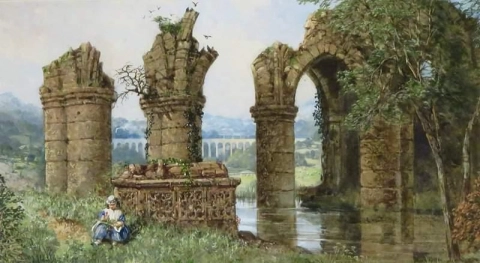 Barn som leker bland ruiner 1870
