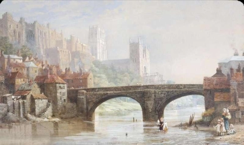 Kathedraal van Durham vanaf Framwellgate Bridge met figuren op de voorgrond