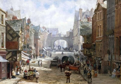 Eastgate Street Chester Crossin itäpuolelta katsoen Eastgatea kohti. Grosvenor-hotelli oikealla 1870-72