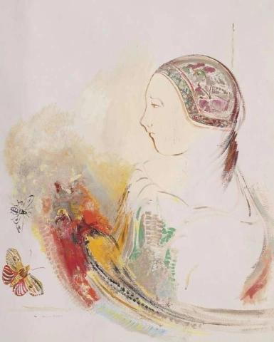 一个孩子的侧面或一个女人的侧面与天堂鸟约 1905-08