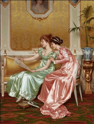 Zwei elegante junge Damen in einem Innenraum, die eine Zeitschrift durchblättern