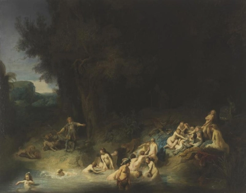 Diana bañándose con sus ninfas con Acteón y Calisto