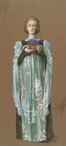 Ritratto a figura intera di una signora che tiene una ciotola di viole 1901