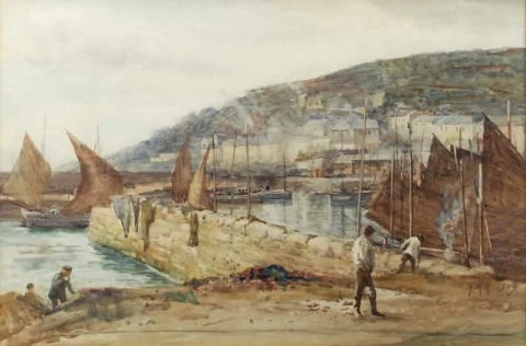 前景に漁師がいる港の風景 1909 年
