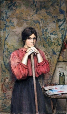 Studie av en jente i kunstnerens studio som står foran et billedvev 1910