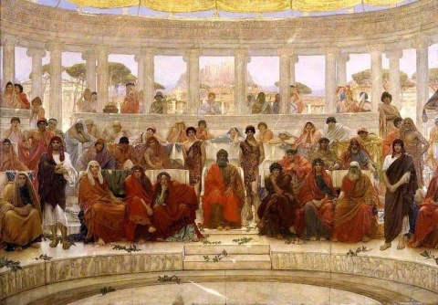 Een audiëntie in Athene tijdens Agamemnon door Aeschylus 1884