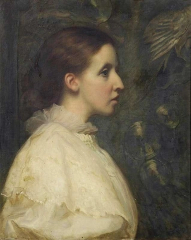 Portrett av Maude Sarah Verney, kone til Frederick Verney, halv lengde i profil 1895